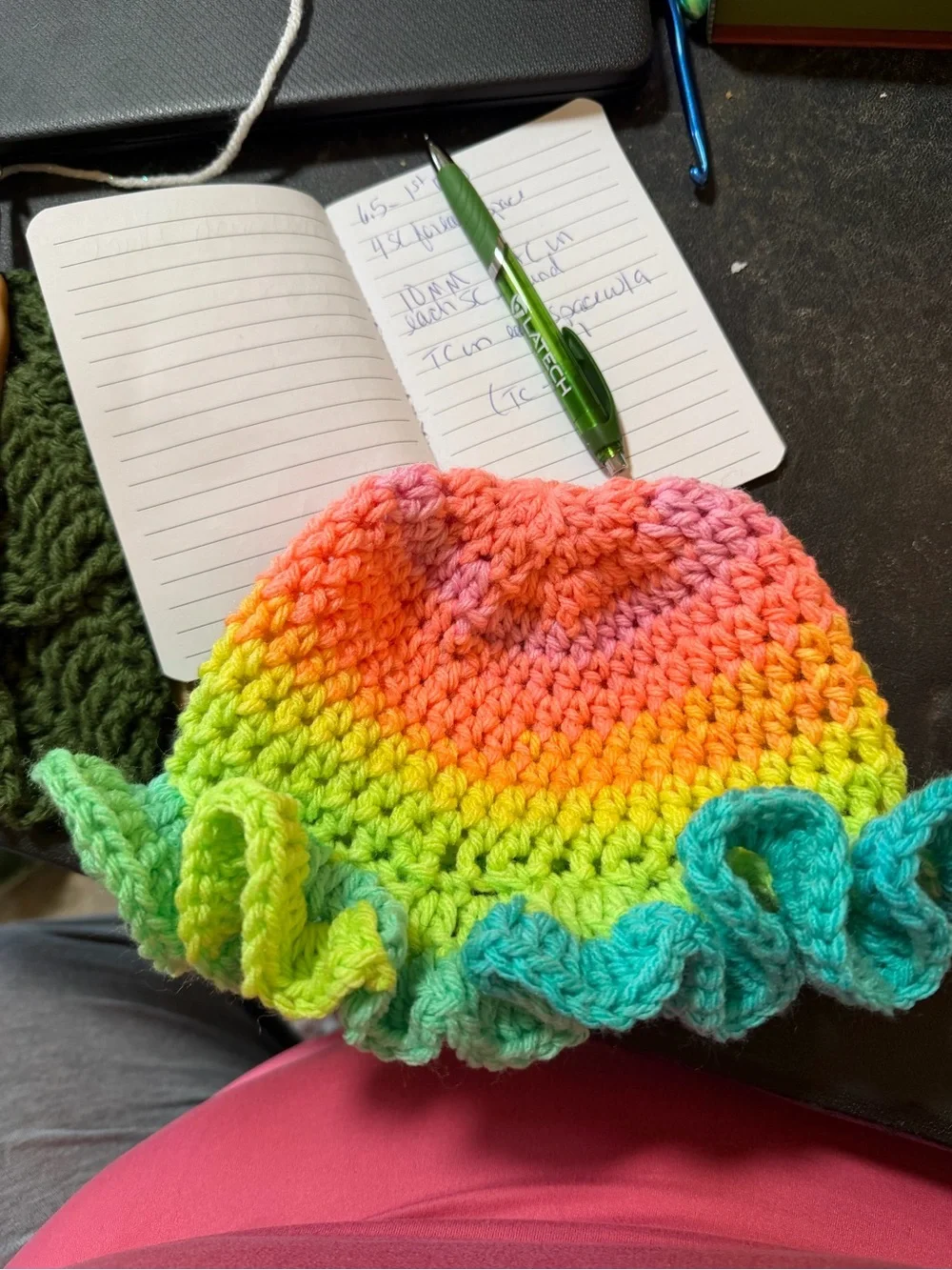 Handmade Crochet Kids Ruffle Sun Hat - Neon Rainbow Green Accent